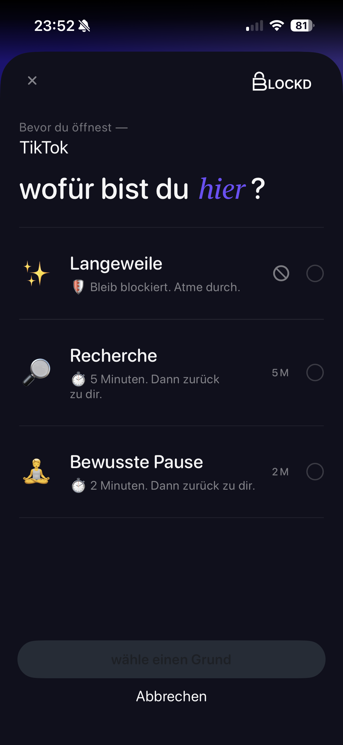 BLOCKD reason picker screen